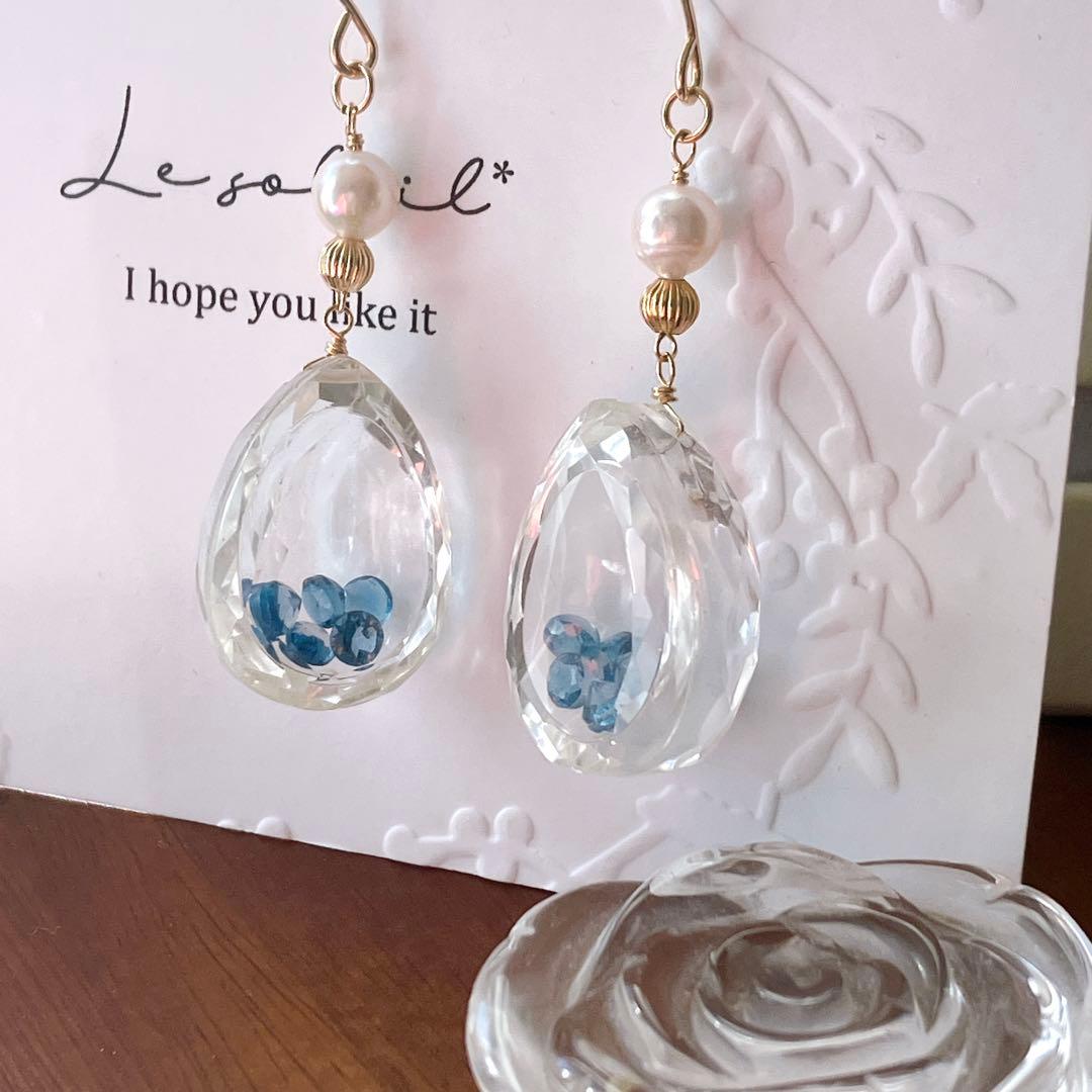 一点物✧水晶/ロンドンブルートパーズ 宝石箱ピアス✧14kgf✧あこや真珠