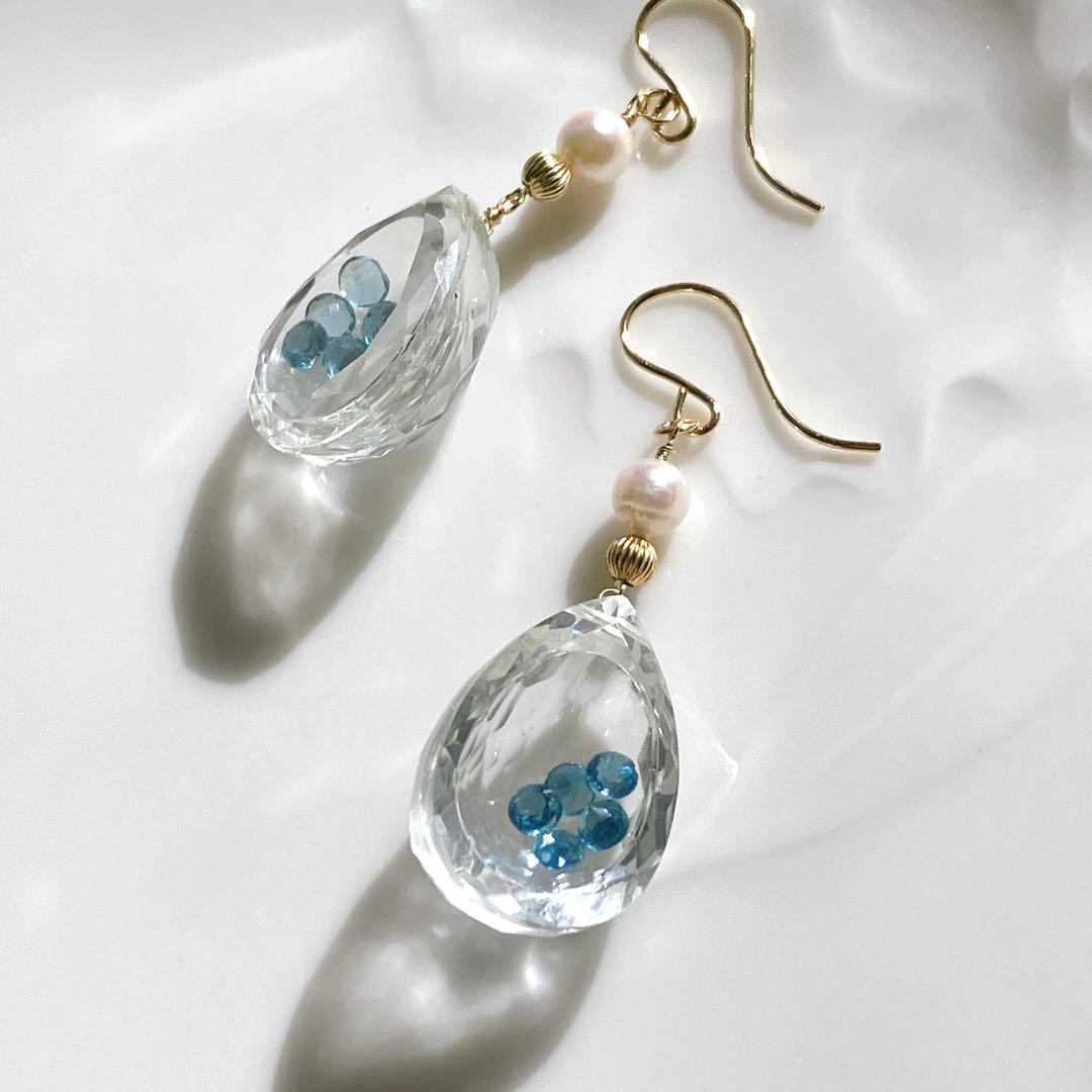 一点物✧水晶/ロンドンブルートパーズ 宝石箱ピアス✧14kgf✧あこや真珠