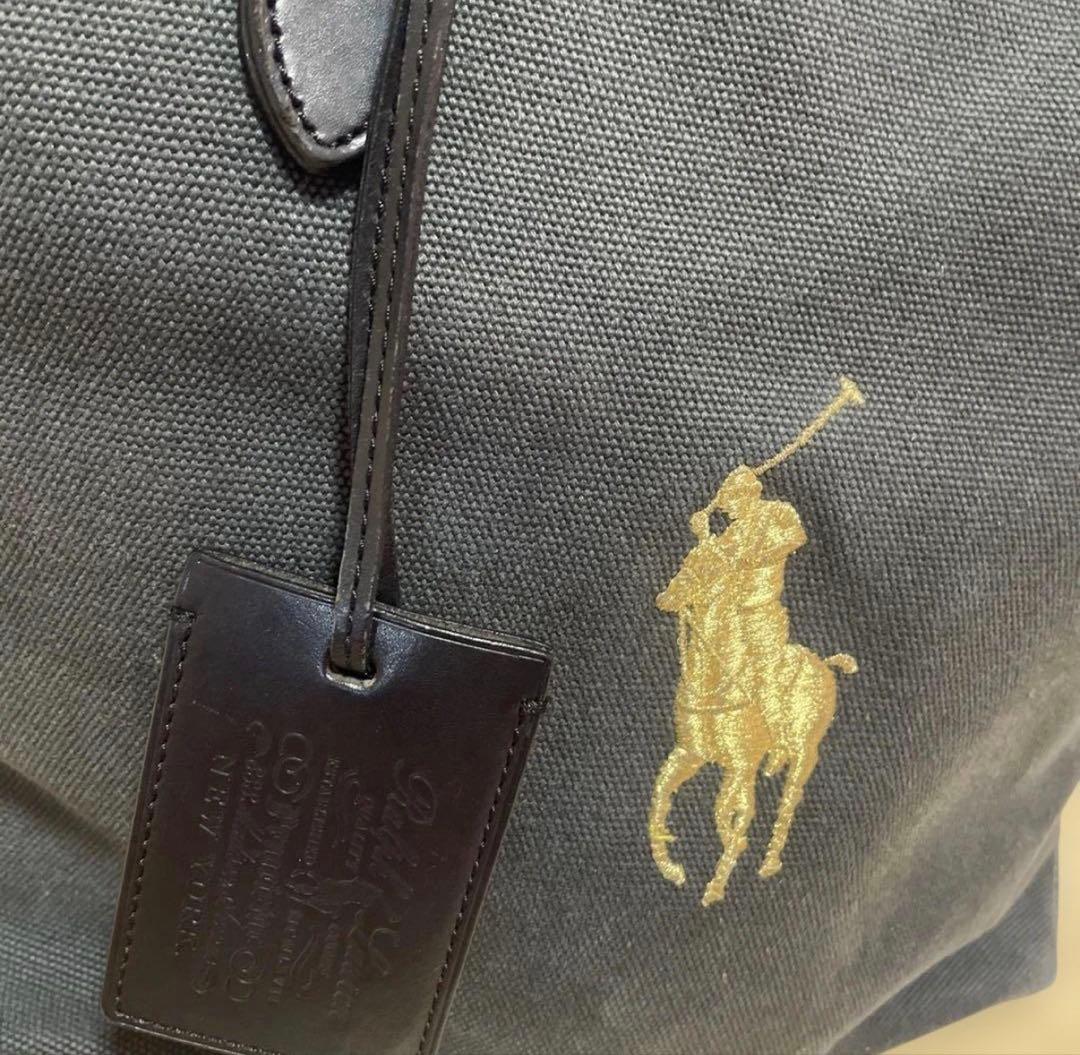希少 RALPH LAUREN トートバッグ レザー キャンバス ゴールド刺繍
