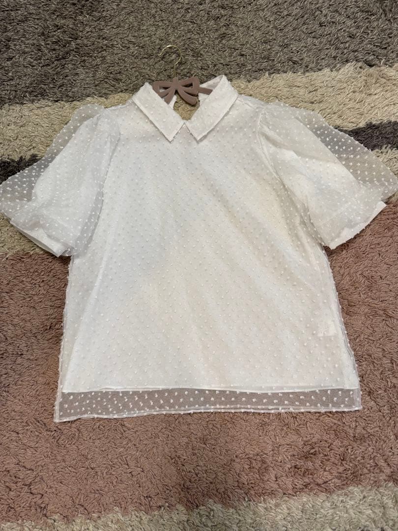 ホワイトドット柄 シースルー ぽわん袖 ブラウス