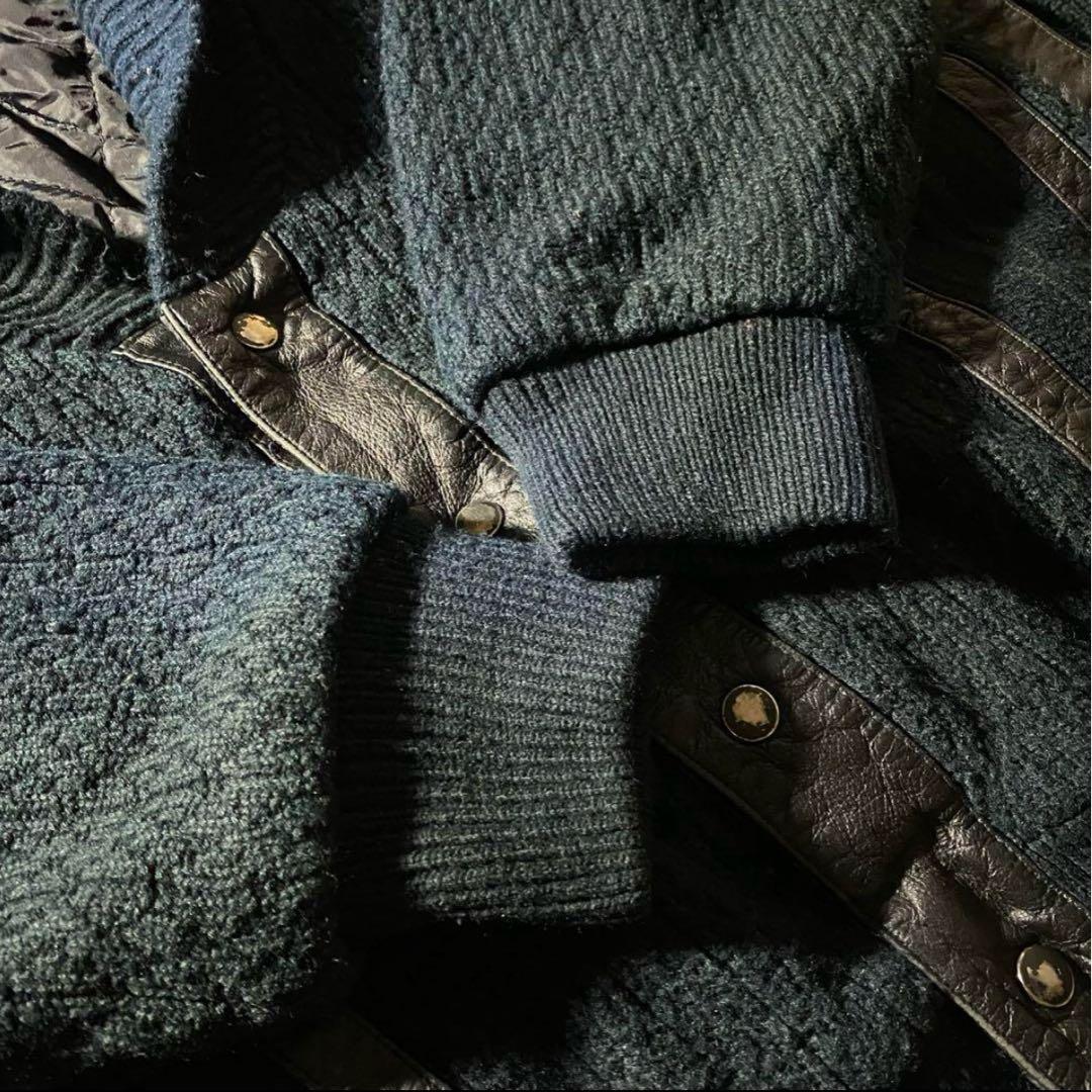 ショールカラーカーディガンL古着フェードネイビー古着レザーユーロ当時物レア一点物