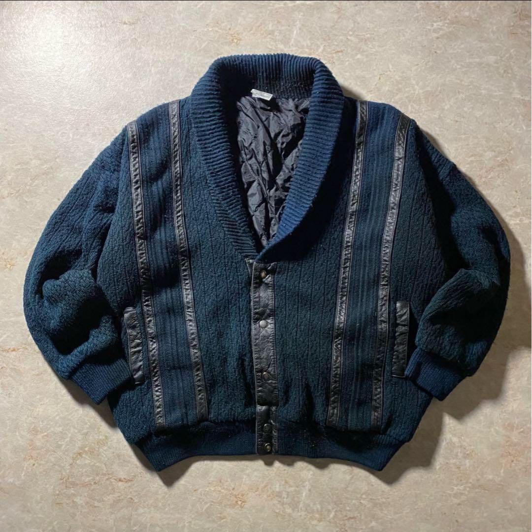 ショールカラーカーディガンL古着フェードネイビー古着レザーユーロ当時物レア一点物