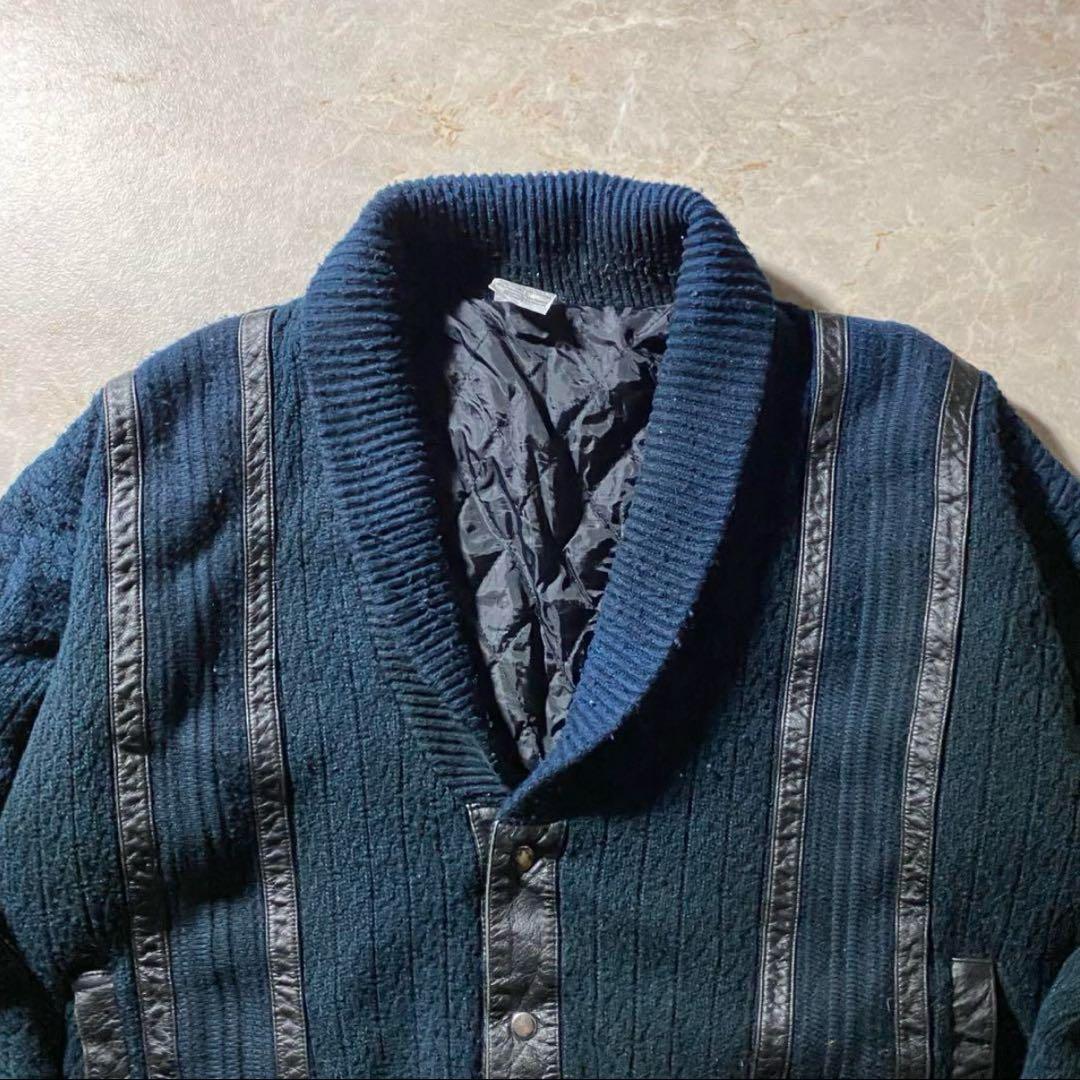 ショールカラーカーディガンL古着フェードネイビー古着レザーユーロ当時物レア一点物