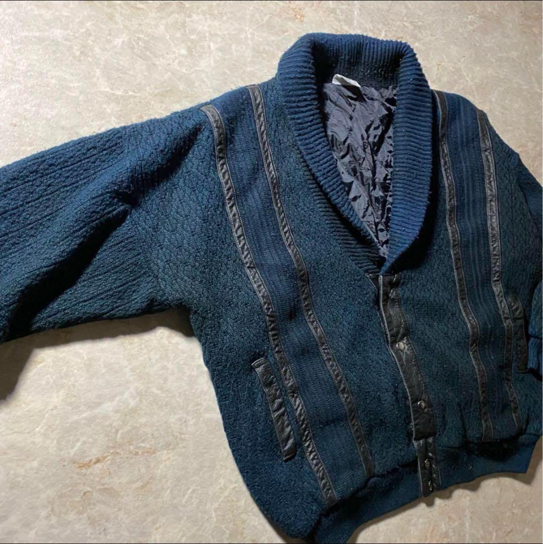 ショールカラーカーディガンL古着フェードネイビー古着レザーユーロ当時物レア一点物