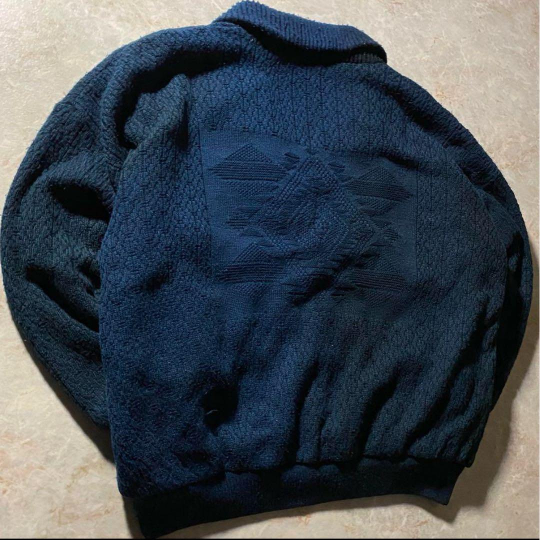 ショールカラーカーディガンL古着フェードネイビー古着レザーユーロ当時物レア一点物