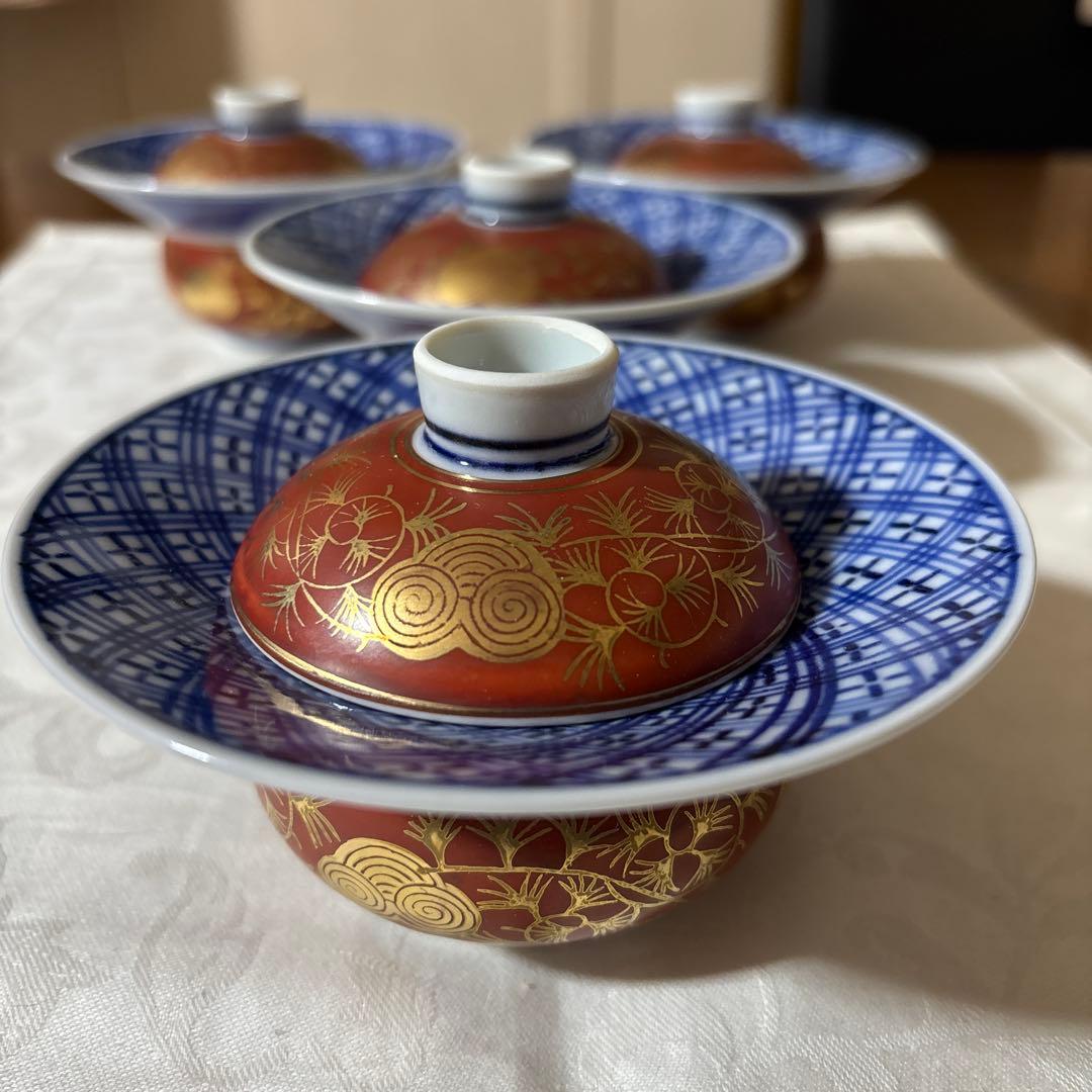 九谷焼　上出長右衛門　上出長右衛門窯　煮物碗　むし碗　蓋付き小鉢　4 個