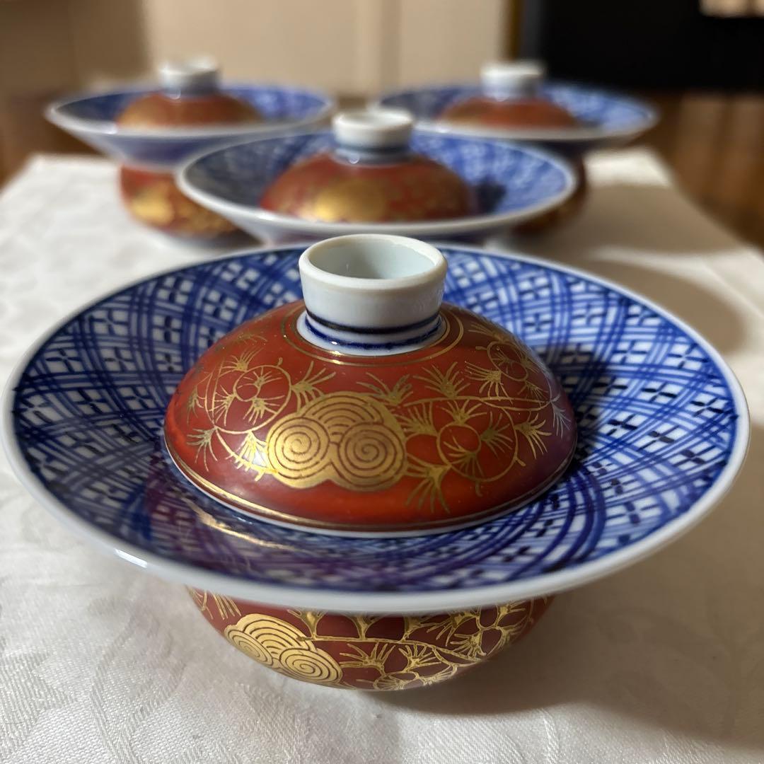 九谷焼　上出長右衛門　上出長右衛門窯　煮物碗　むし碗　蓋付き小鉢　4 個