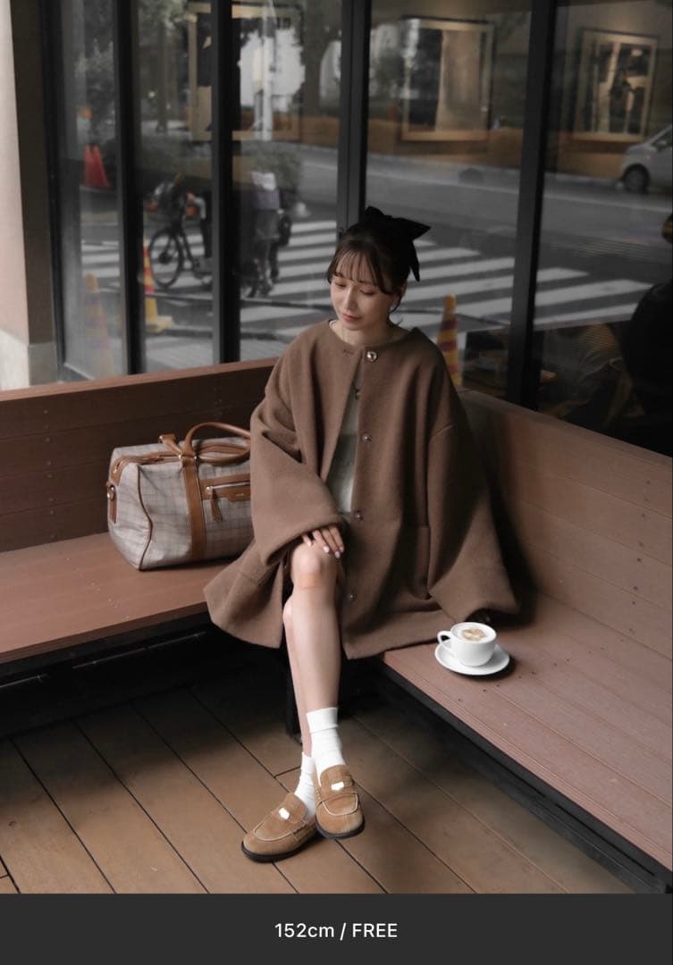 moi tytto ノーカラーボアミドルコート ブラウン