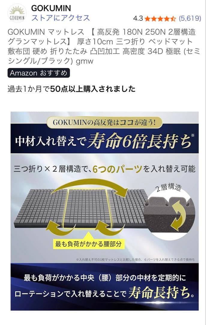 gokumin セミシングルノンスプリングマットレス