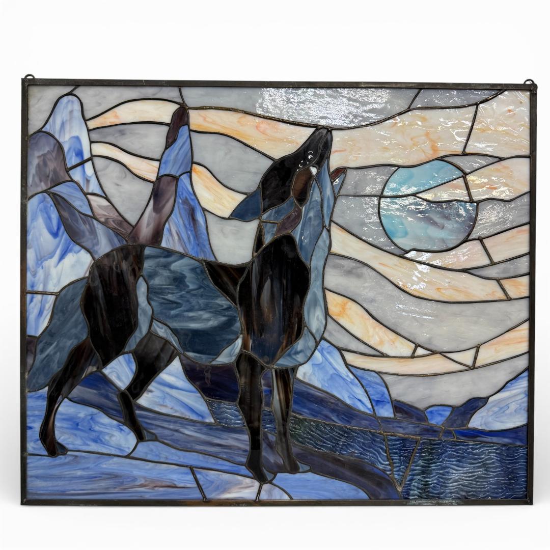 【幅61.5㎝】【希少】大型 ステンドグラス 狼と月 遠吠え 壁掛け パネル