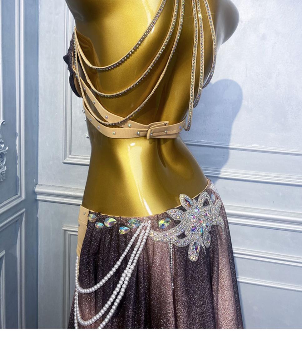 新品 ベリーダンス衣装 高級舞台用 コーヒー ロングスカートセット M L