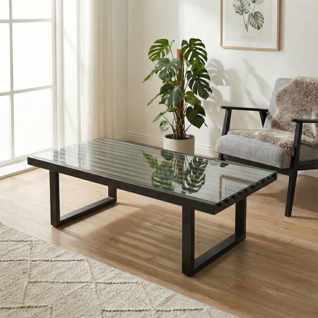 ネルソンベンチ風 センターテーブル ガラス天板 幅120cm