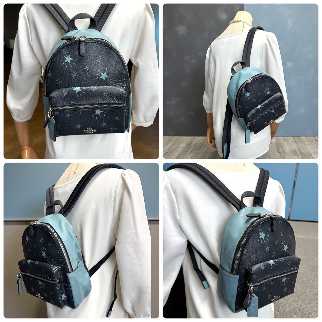 希少✨コーチ リュック ミニチャーリー 星柄 ネイビー レザー バイカラー