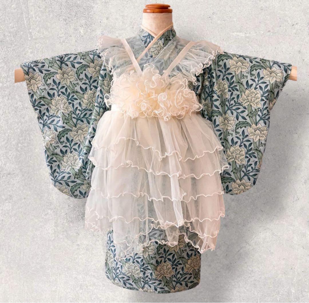 【再販】 七五三 着物 ハンドメイド ウィリア ムモリス 女の子被布 レース被布