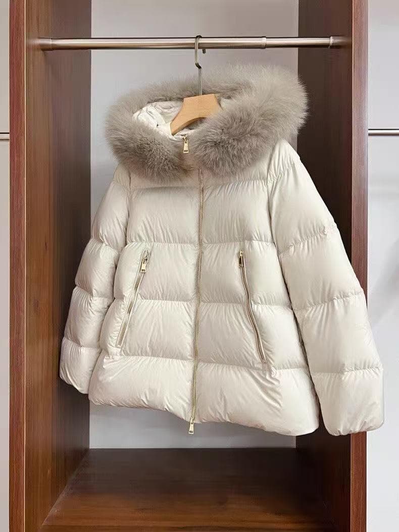 極美品アイボリー ファー付きダウンジャケット*