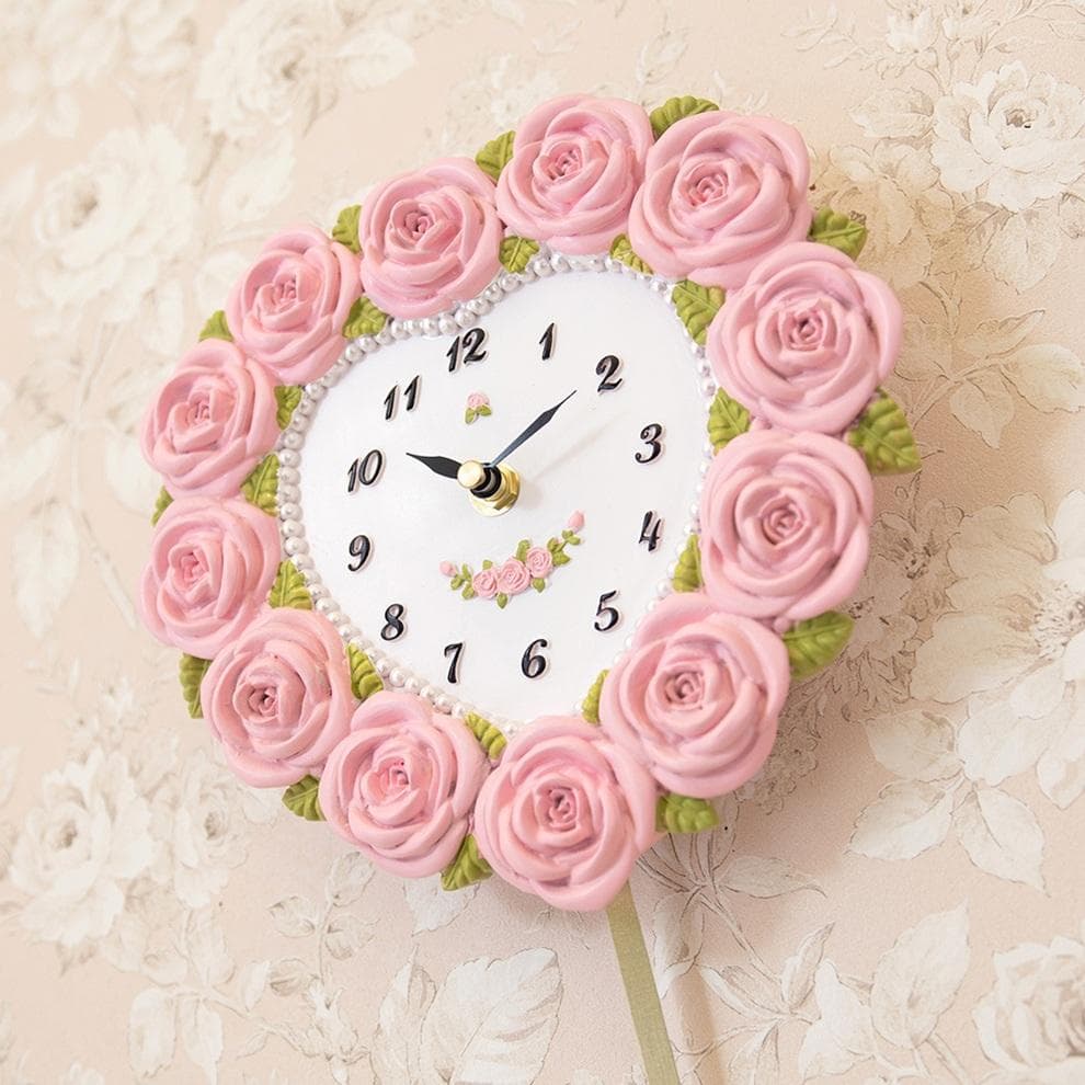薔薇＆ハート 振り子時計 ラブリー 掛け時計 インテリア バラ ピンク