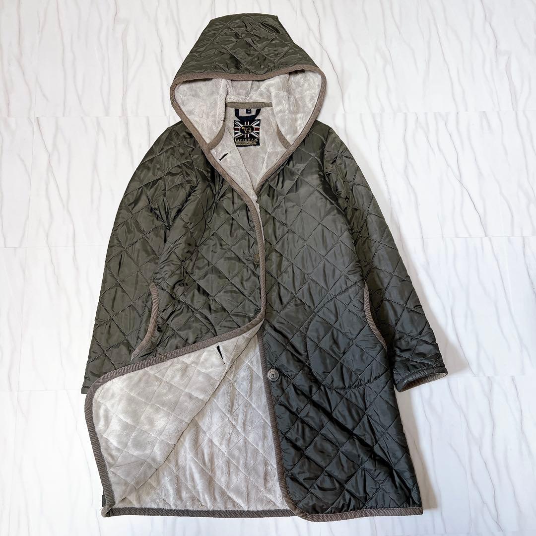 ラベンハム キルティングロングコート ボア フーディ グレー 38 英国製