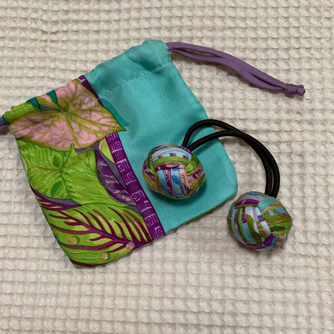 極美品 エルメス ポンポン ヘアゴム シルク ヘアアクセサリー