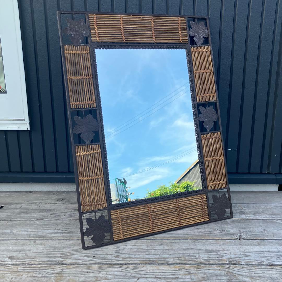 アンティーク アイアンフレーム 葉っぱ柄装飾ミラー 装飾 バンブー 壁掛けミラー