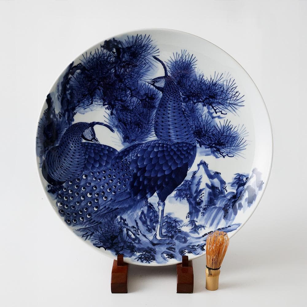 華山作 1尺5寸 染付 大皿 松 双雉図 飾皿 床の間飾 45㎝ 縁起物