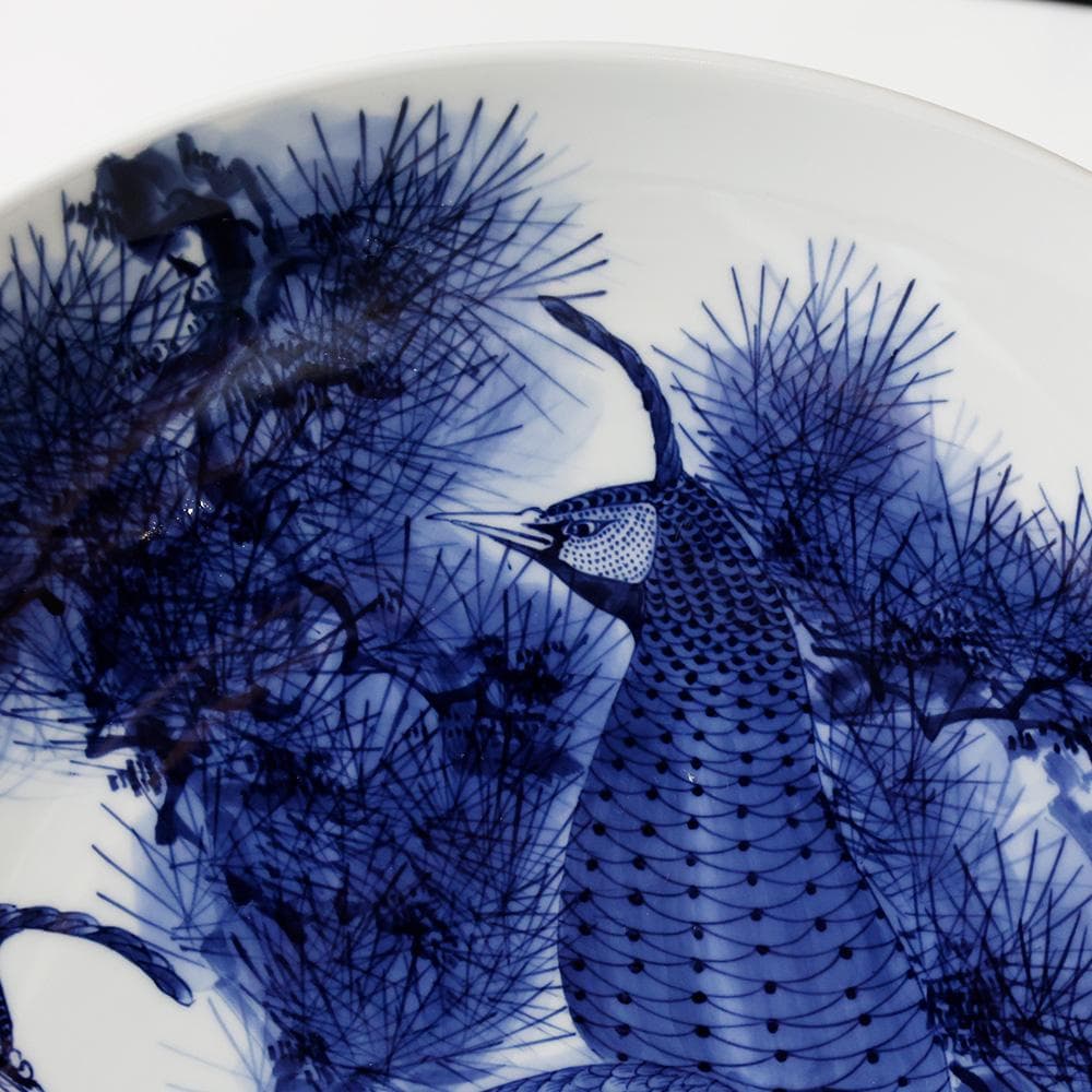 華山作 1尺5寸 染付 大皿 松 双雉図 飾皿 床の間飾 45㎝ 縁起物