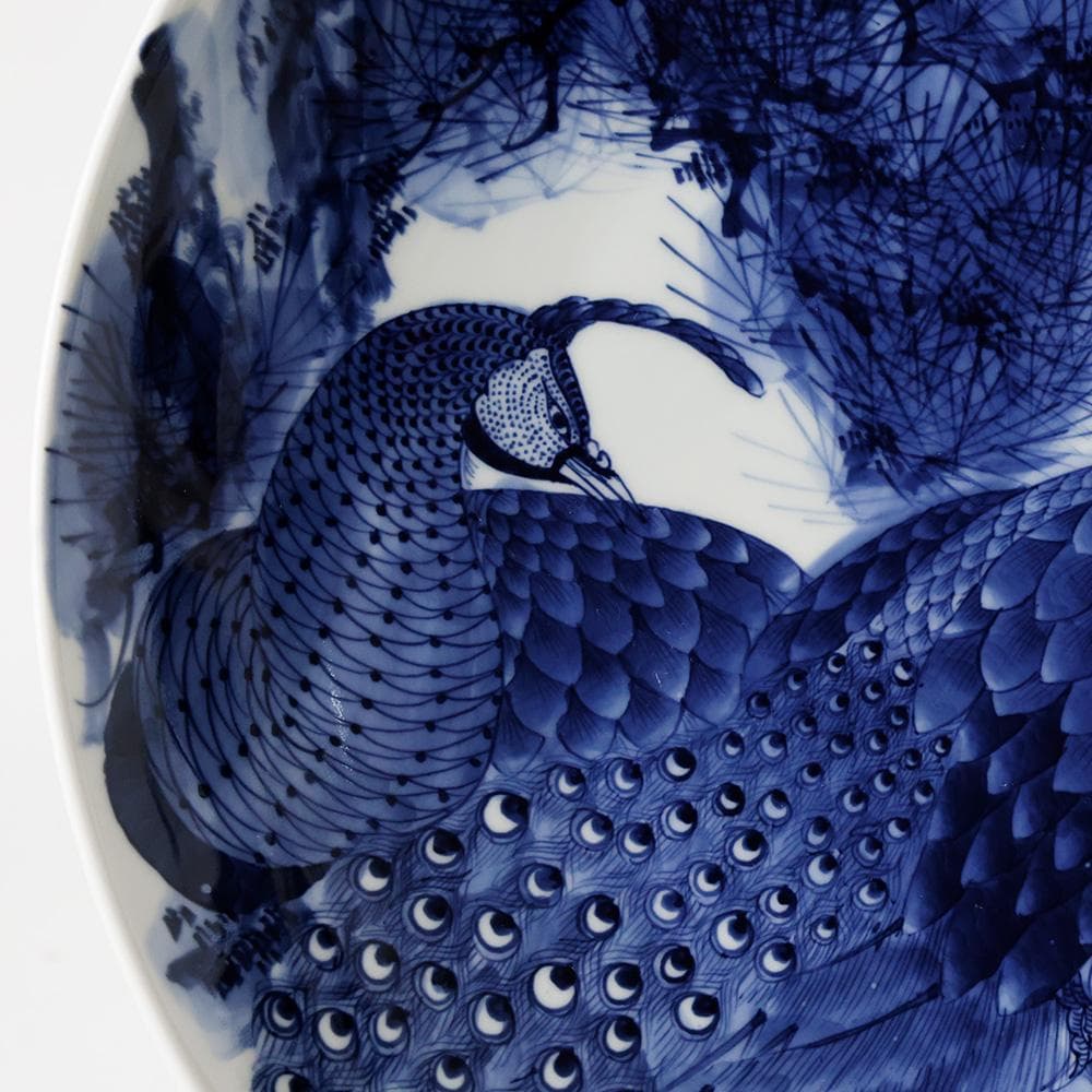 華山作 1尺5寸 染付 大皿 松 双雉図 飾皿 床の間飾 45㎝ 縁起物