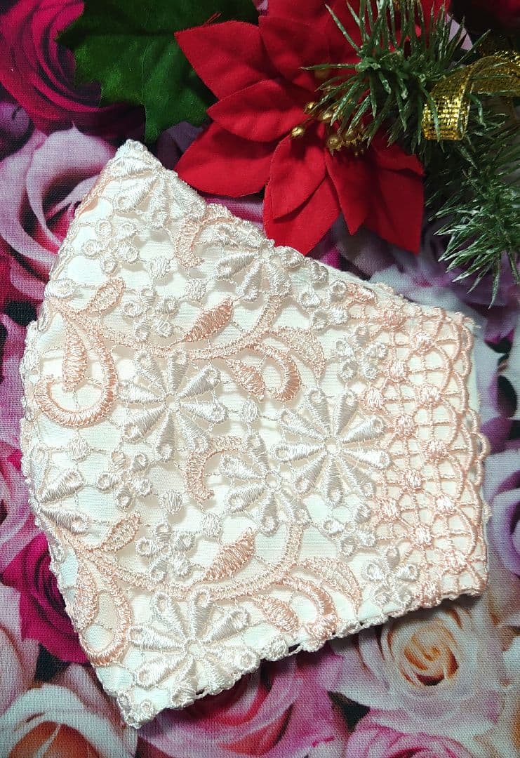 Ｎｏ．2252 つやありピンク花柄ケミカルレース♡ハンドメイドマスク