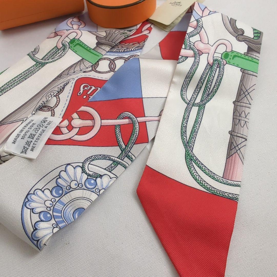 【良品】HERMES エルメス ツイリー レッド ホワイト