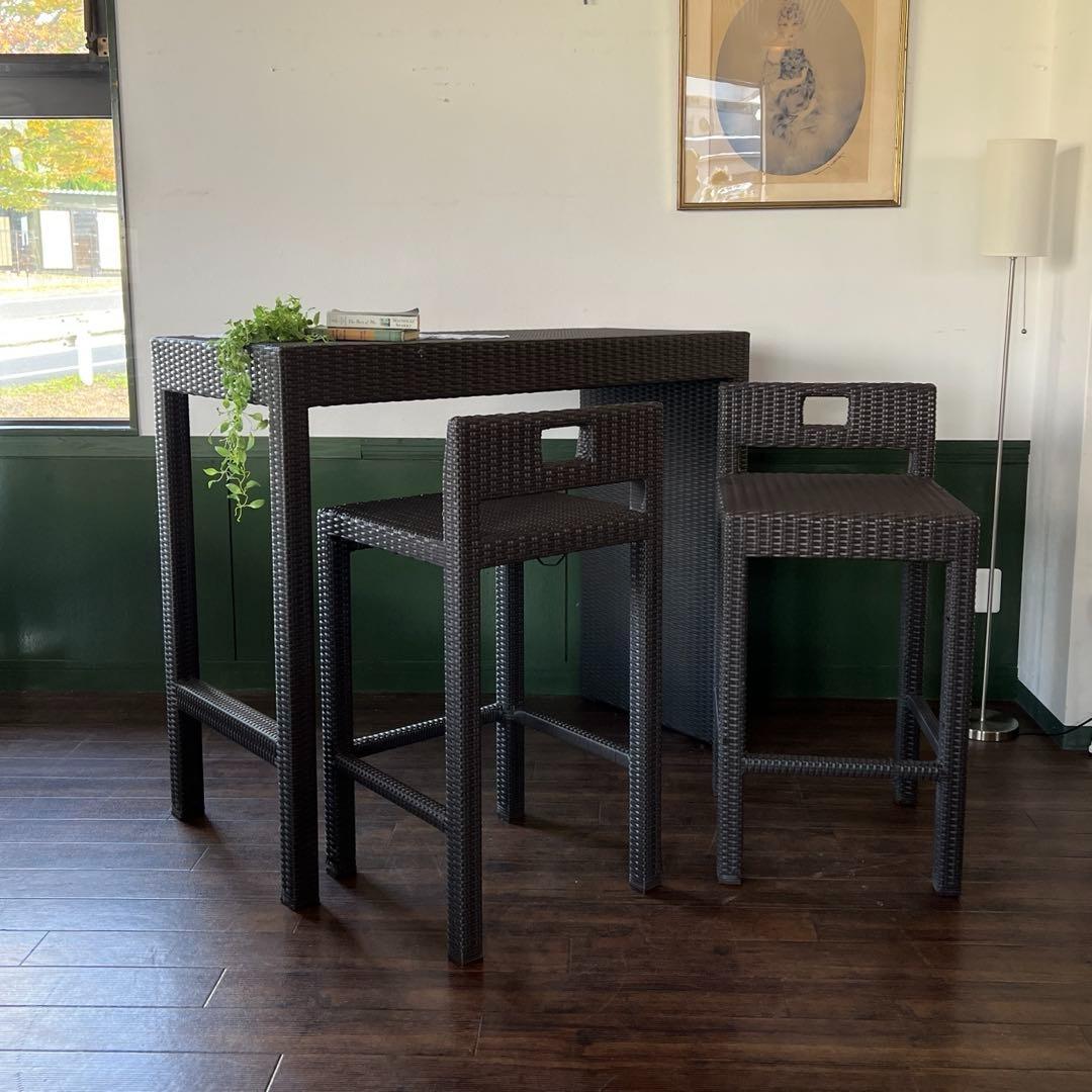 k072 ラタン調カウンターテーブル 3点セット ダークブラウン ガーデン家具
