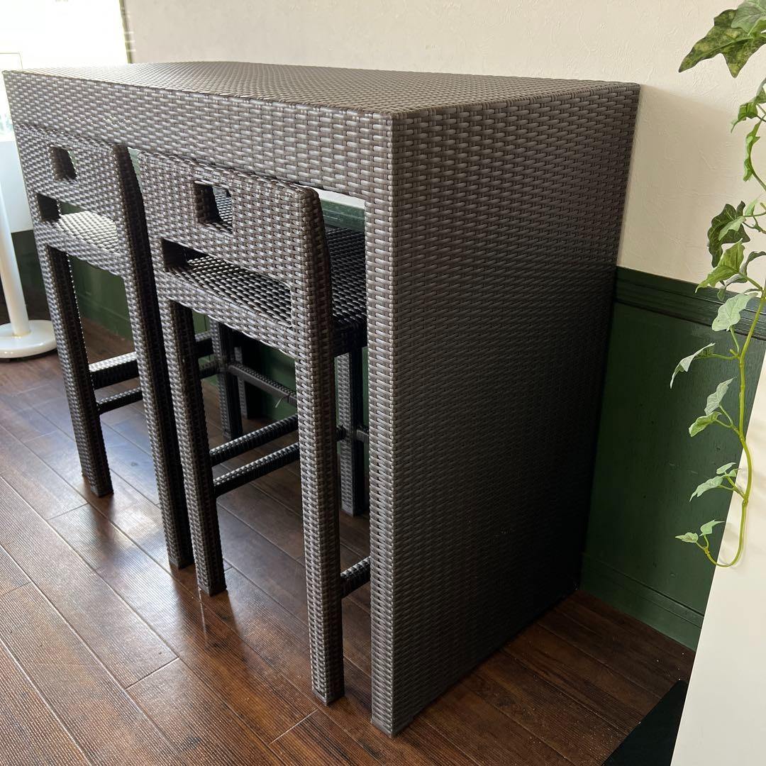 k072 ラタン調カウンターテーブル 3点セット ダークブラウン ガーデン家具