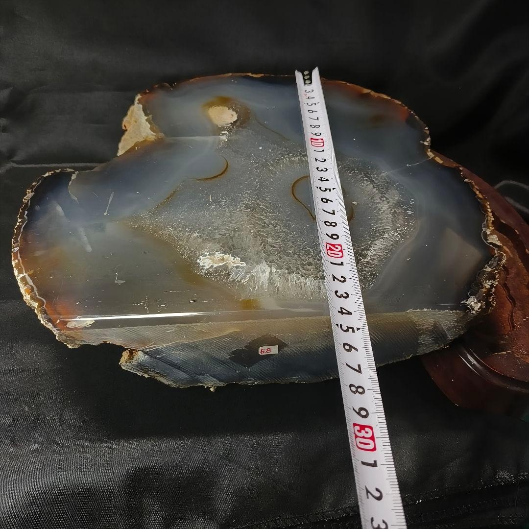 両面鑑賞石 木彫り台付メノウ 天然石瑪瑙 アゲート 風水グッズ コレクター放出