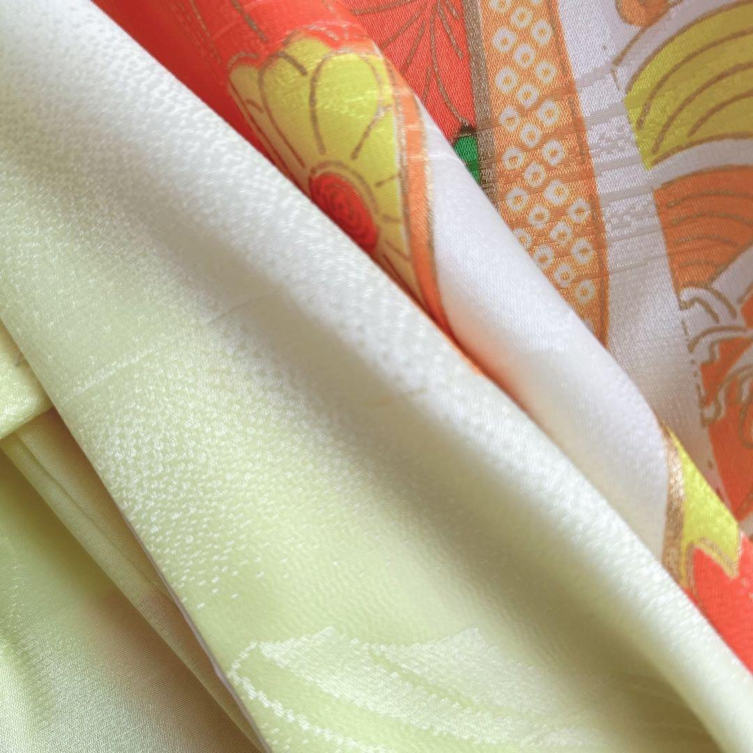 セット　七五三　7歳女の子　長着＆袋帯＆袖なし長襦袢＆小物　レモン色×黄緑　のし