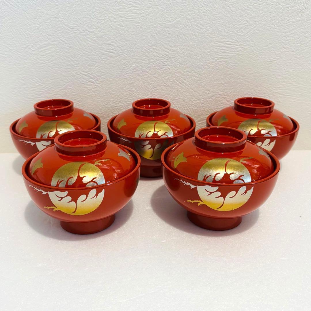 ⭐️ 朱塗 瑞鳥蒔絵 蓋付き椀揃 5客 美品 ⭐️