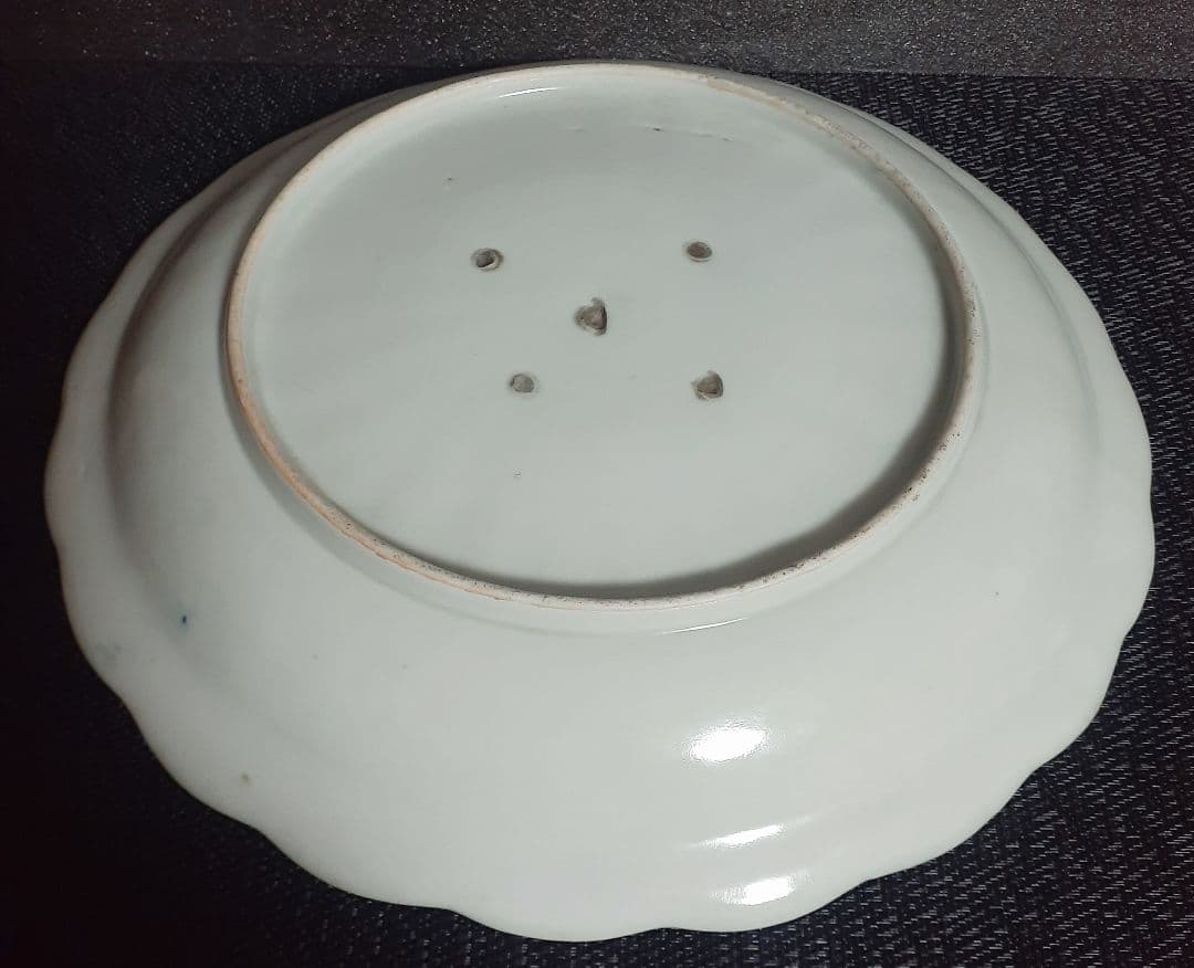 江戸時代後期　古伊万里　染付　柳梅樹　山水人物図　漢詩　輪花　28.6cm　大皿