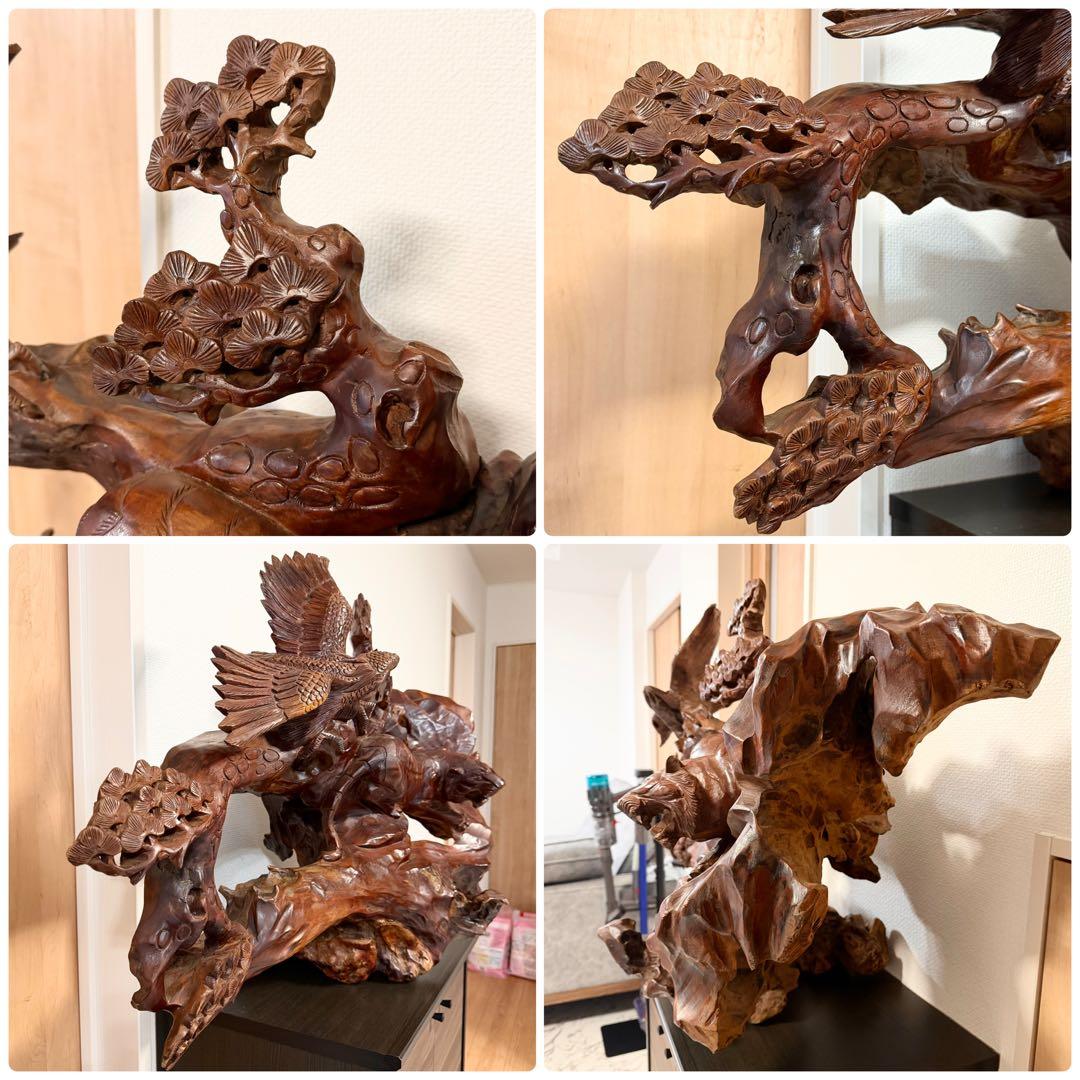 松無垢材一刀彫 虎 鷲 木彫り 置物 置き物 鷹 松の木 インテリア オブジェ