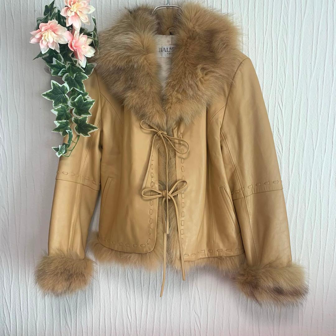 D63美品◆BALMAIN【羊革：ラム/シープ リアルファー◆レザージャケット】