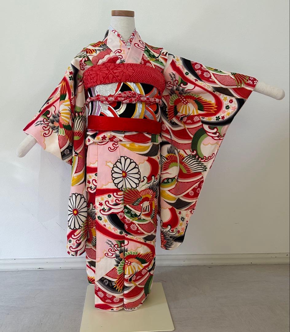 7歳　七五三　アンティーク正絹着物、正絹帯、帯揚げ、帯締め　しごきセット