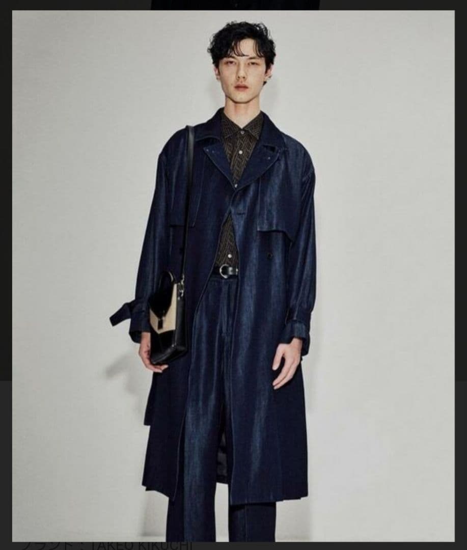 デニム生地　ダークブルー ダブルブレスト トレンチコート