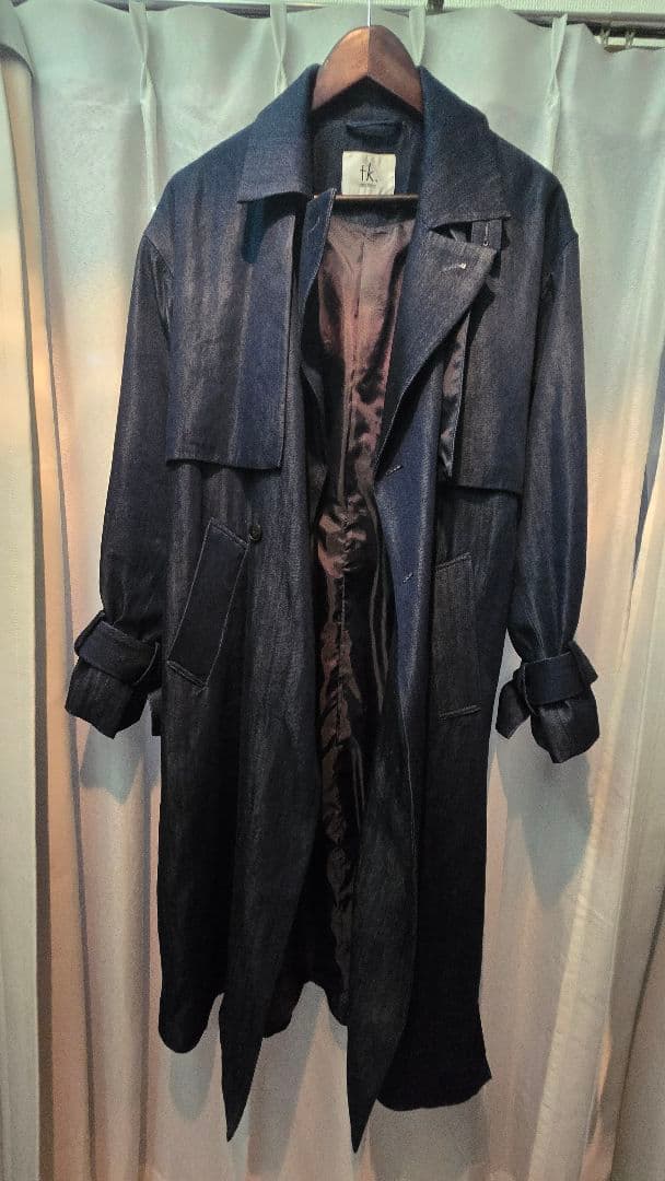 デニム生地　ダークブルー ダブルブレスト トレンチコート