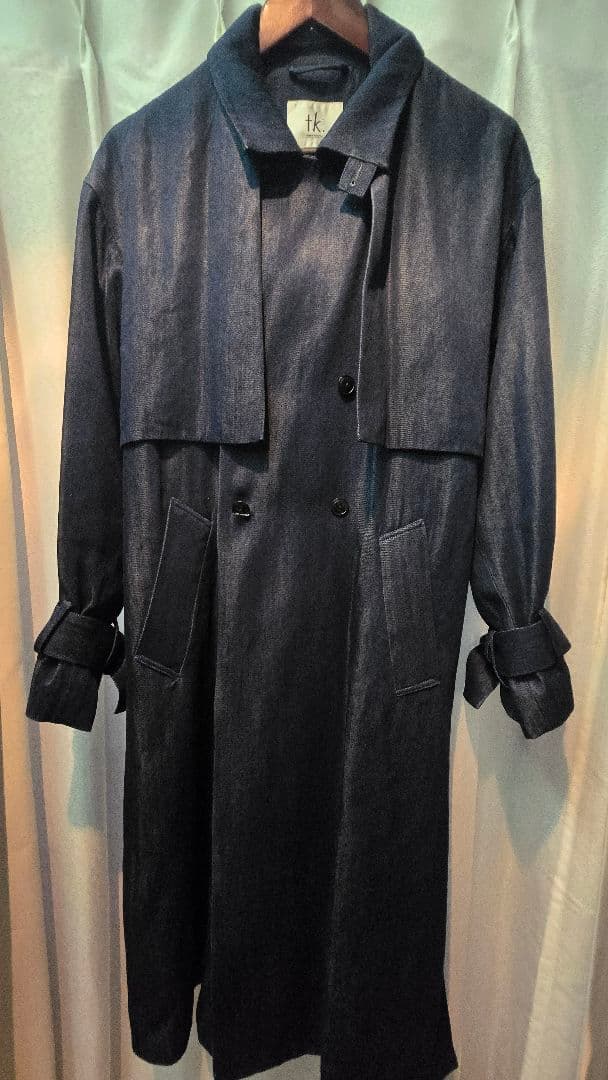 デニム生地　ダークブルー ダブルブレスト トレンチコート