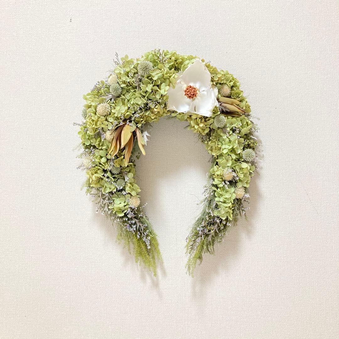 幸せを運ぶアナベル馬蹄リース　パームフラワー