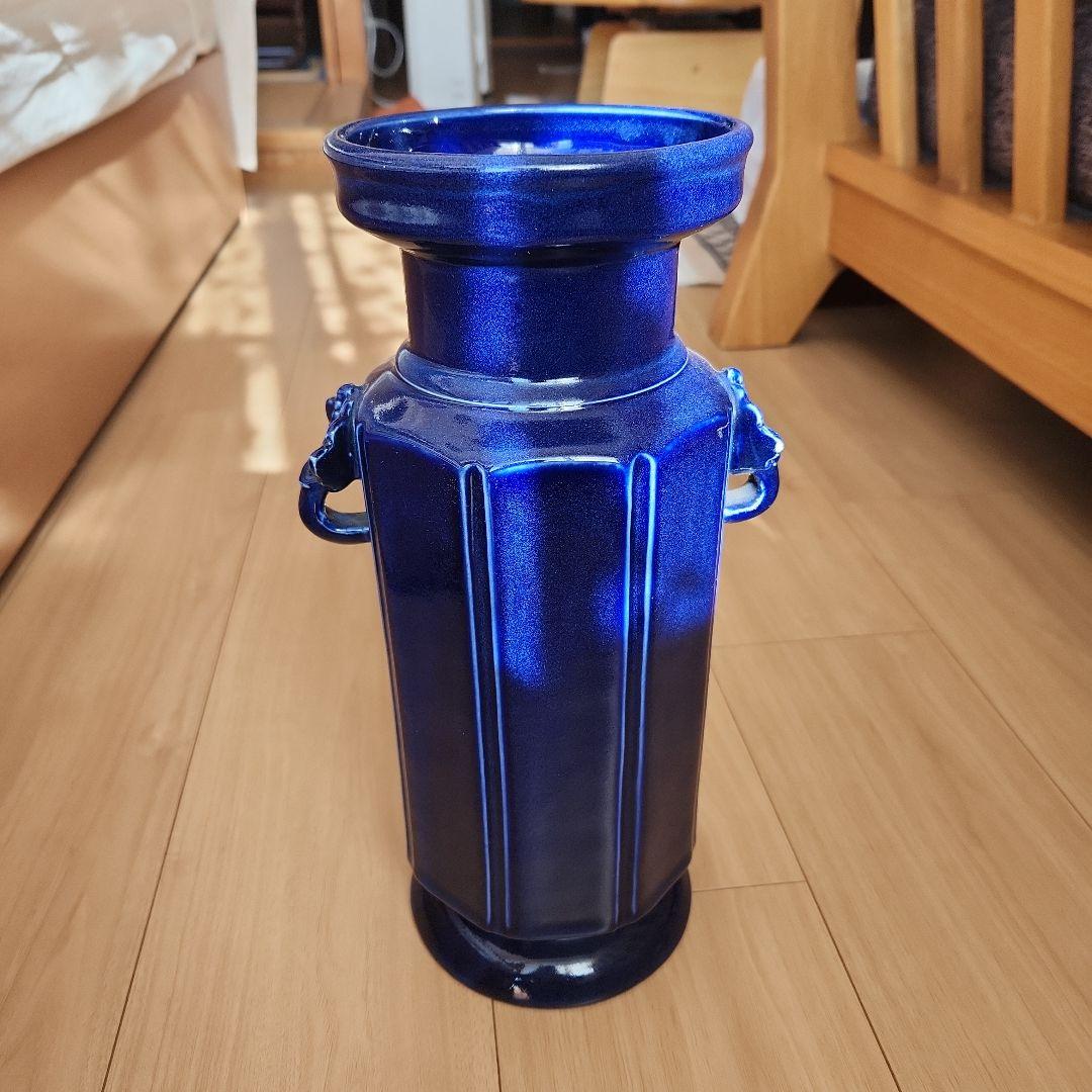 清朝瑠璃8面取り蜻蛉耳付き花入れ