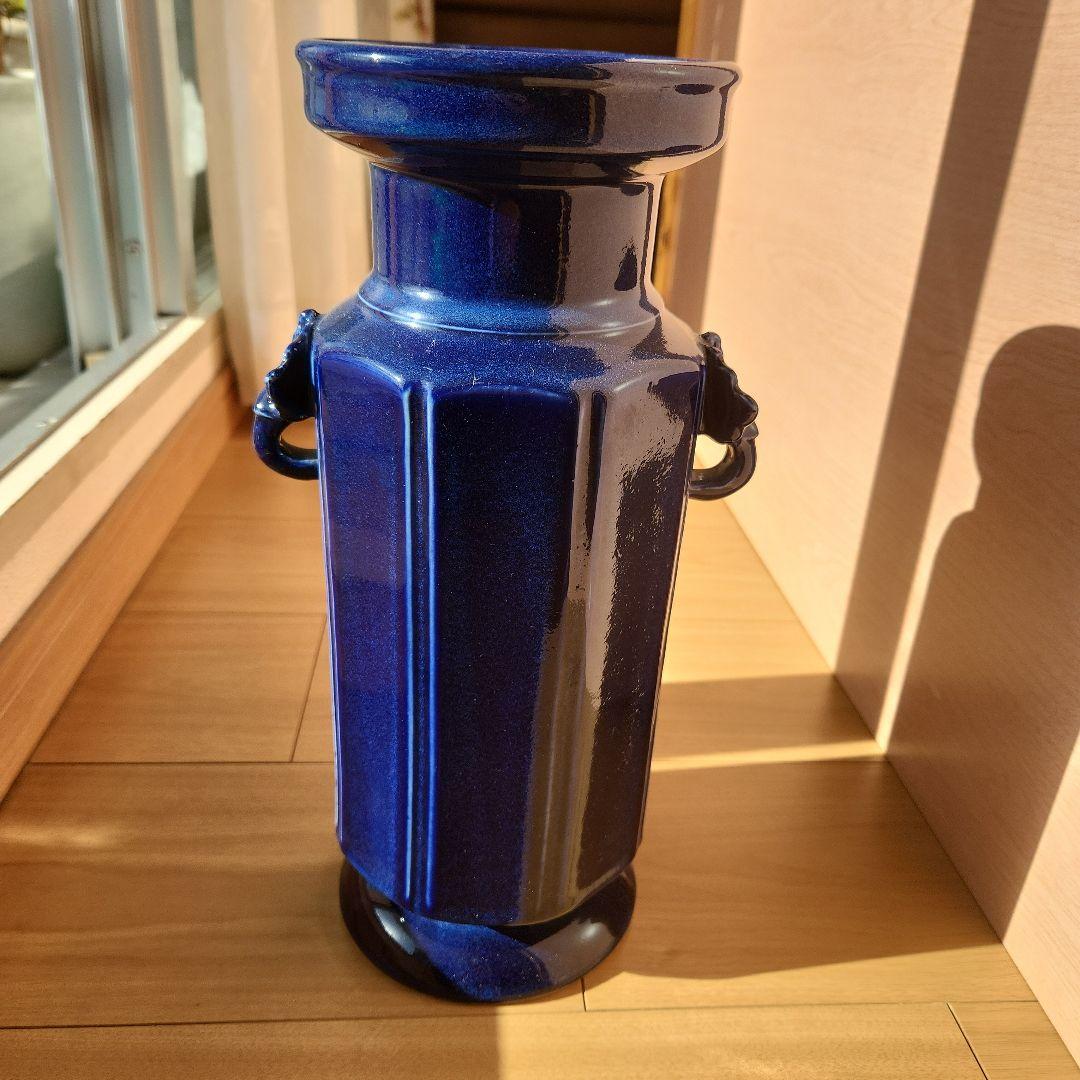 清朝瑠璃8面取り蜻蛉耳付き花入れ