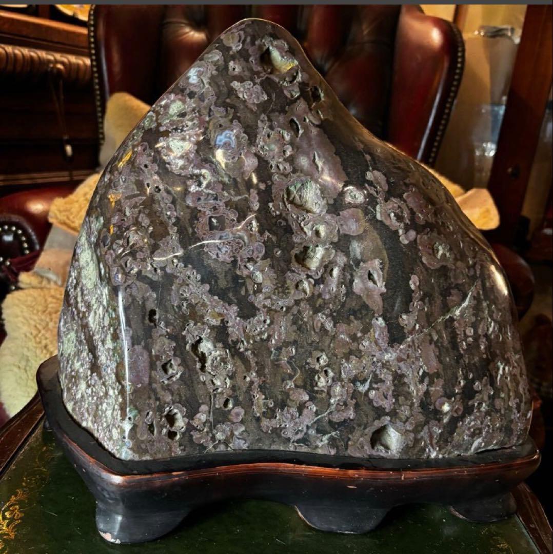 湯布院アンティーク 希少 梅花石　牡丹石　遠山型鑑賞石 水石 自然石 木製台座付