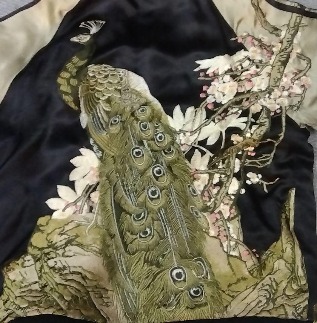 花旅楽団スクリプト リバーシブルスカジャン 白孔雀柄 レーヨン製 sizeM