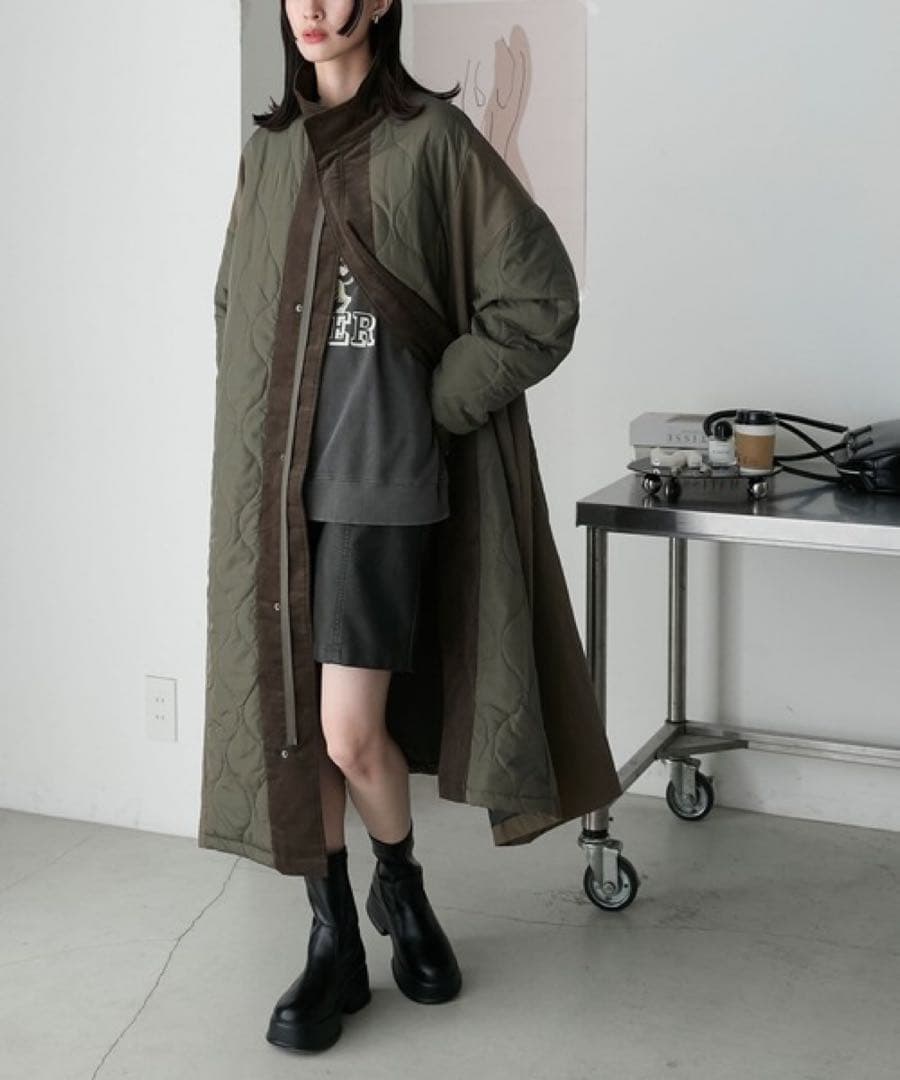 forksy.異素材切り替えキルティングロングコート