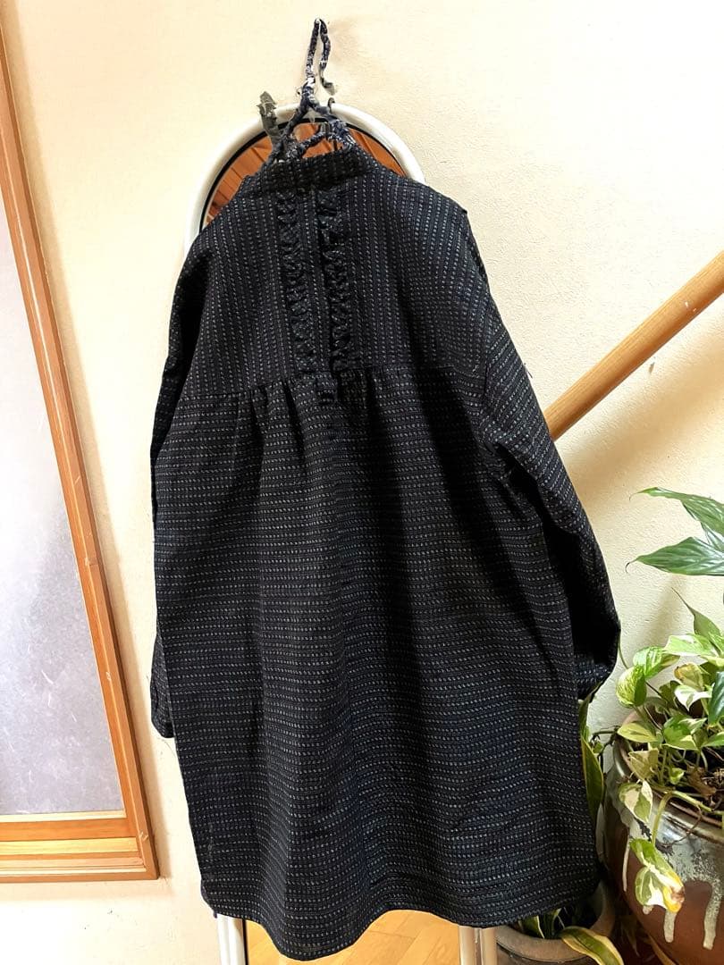 古布リメイク　久留米絣　チュニック　ロングシャツ　フリル　ハンドメイド
