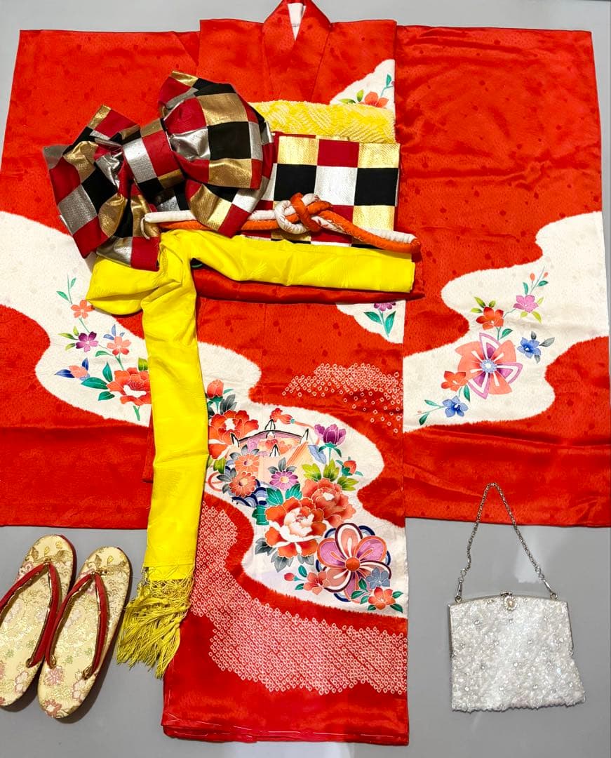 七五三　7歳　正絹　絞り　着物　フルセット　赤