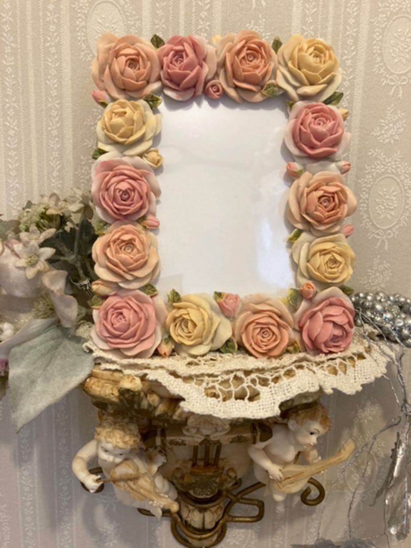 ご予約ヴィンテージピンク薔薇薫るフォトフレームハンドペイント飾りトレーエレガント