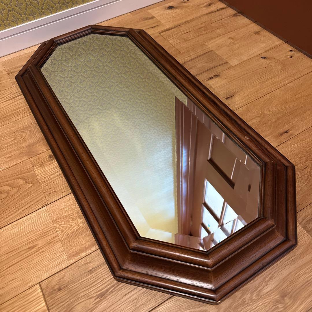 イタリア製 マホガニーフレーム オクタゴンシェイプ 天然木 ウォールミラー